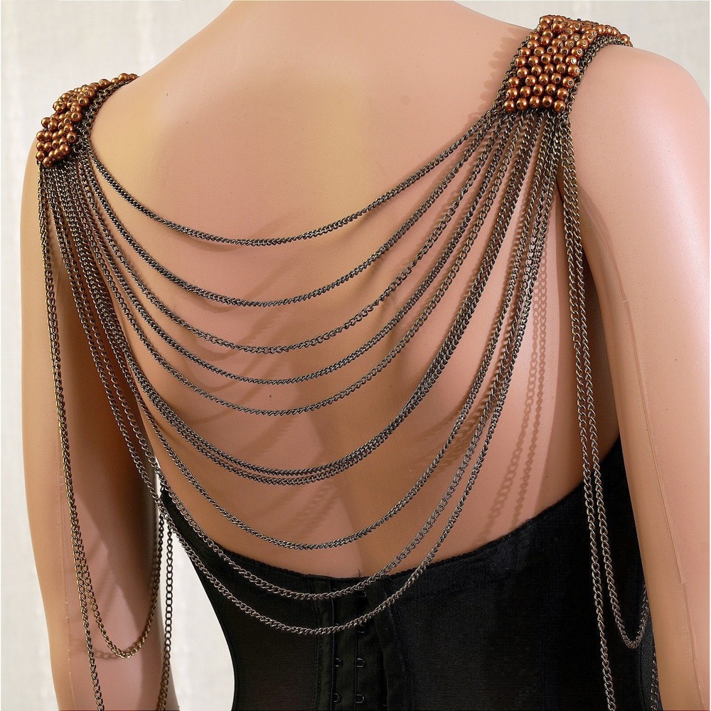 Statement Shoulder Necklace Bib Chains‎ Draped Beads Bronze Tone - Picture 2 of 7